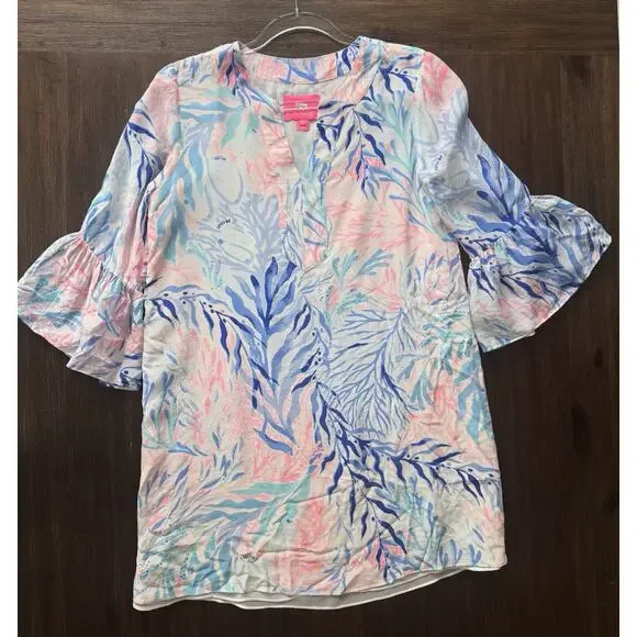 Lilly Pulitzer Elenora Silk Dress Kaleidoscope Coral Bell Sleeve S - Picture 2 of 10